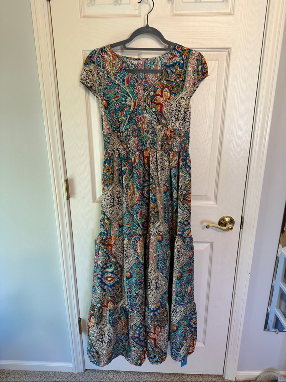 Cupshe Teal Paisley Cap-Sleeve Maxi Dress with Multicolor Accents